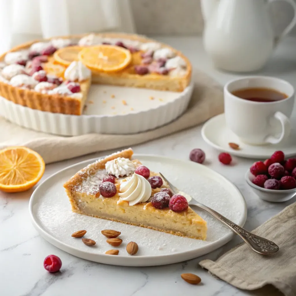 Cranberry almond tart served with whipped cream, fresh cranberries, sliced almonds, and orange zest.