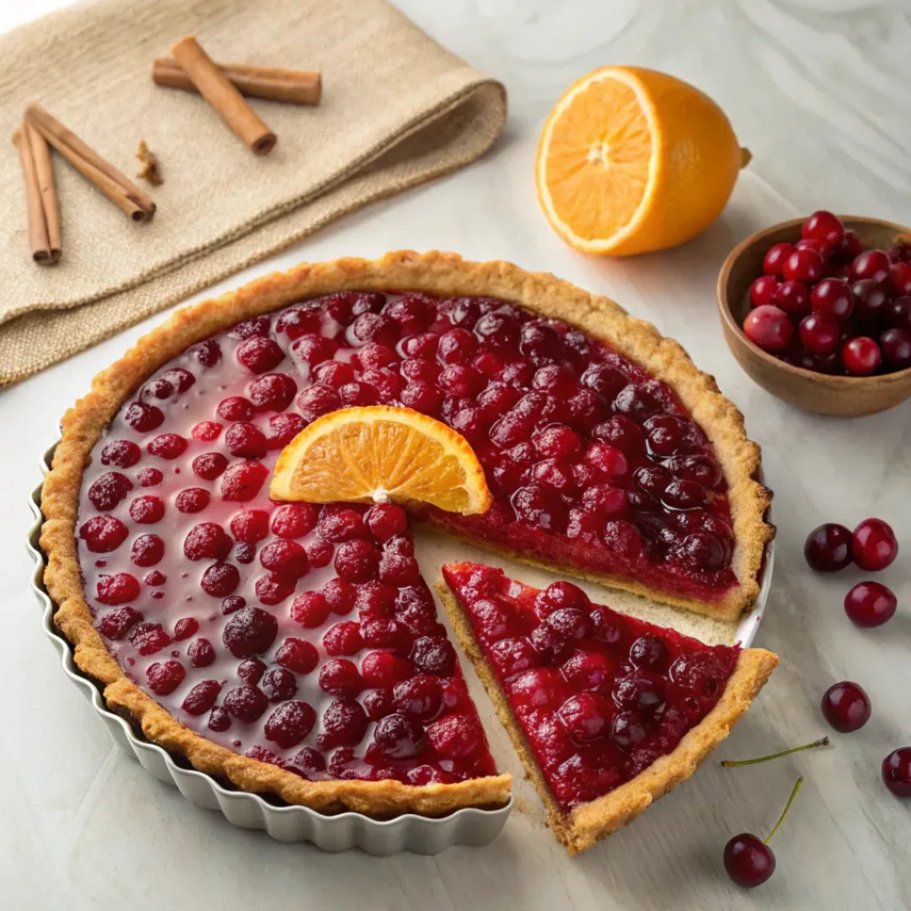 Homemade cranberry orange tart with a buttery golden crust, ruby cranberry filling, and fresh orange zest.