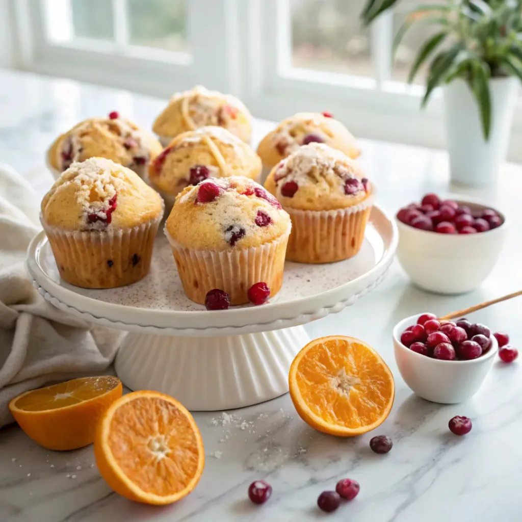 Home 8 Homemade cranberry orange muffins with juicy cranberries, fresh orange zest, and a golden bakery-style top.