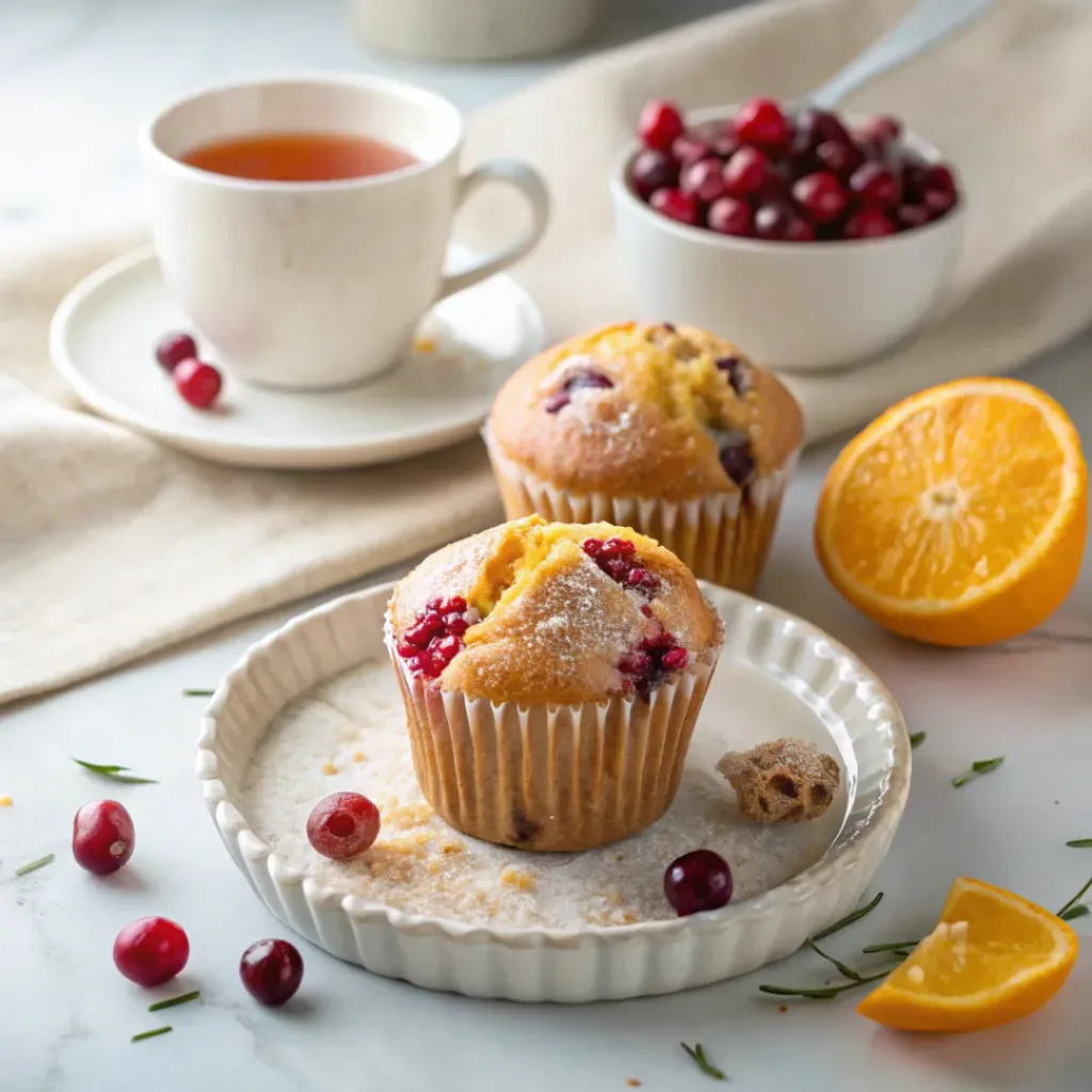 Cranberry Orange Muffins - Moist Bakery-Style Streusel Crumb Treats 8 Cranberry orange muffins served with orange tea, fresh cranberries, orange slices, and a light citrus glaze.