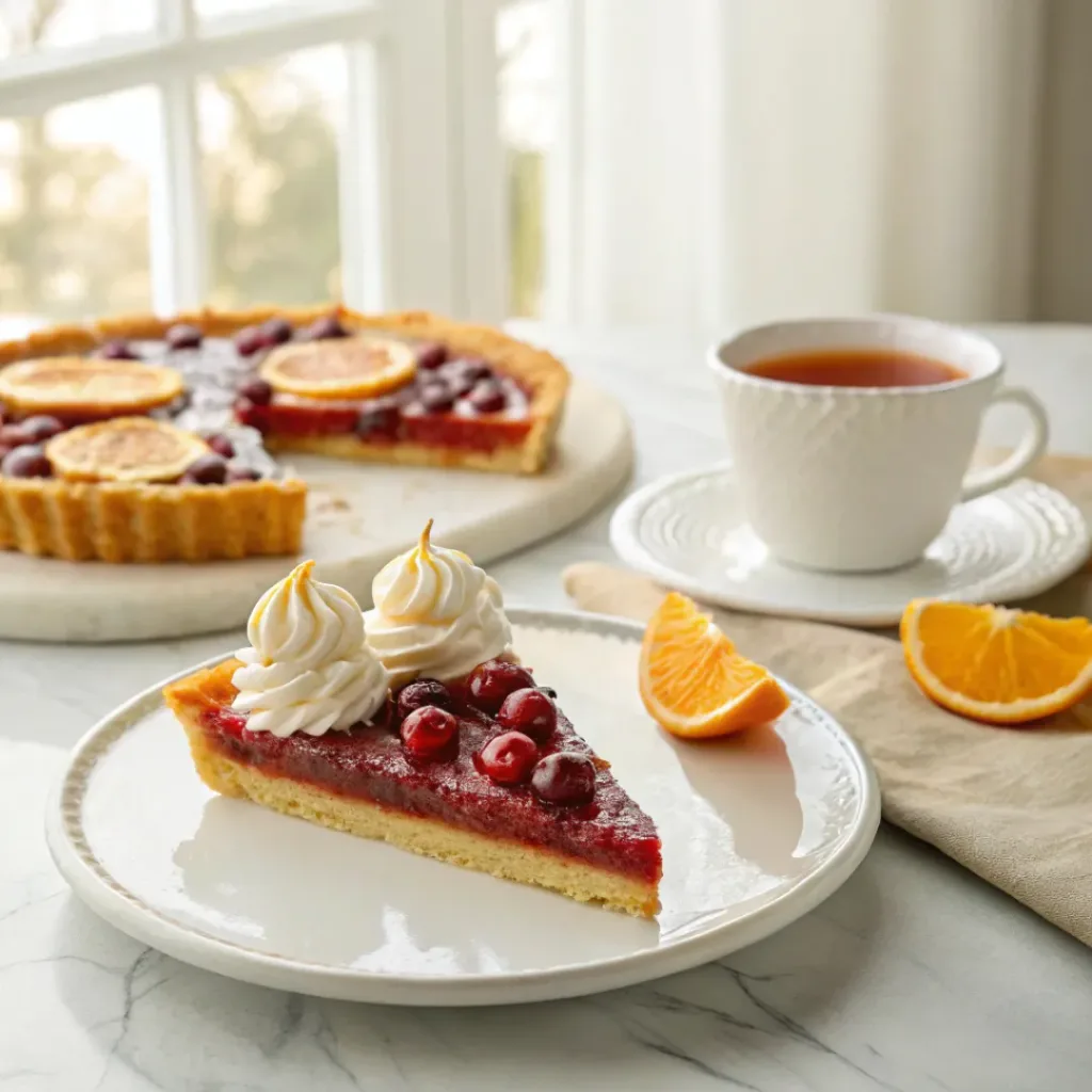 Cranberry orange tart served with whipped cream, fresh cranberries, orange zest, and a warm citrus tea.