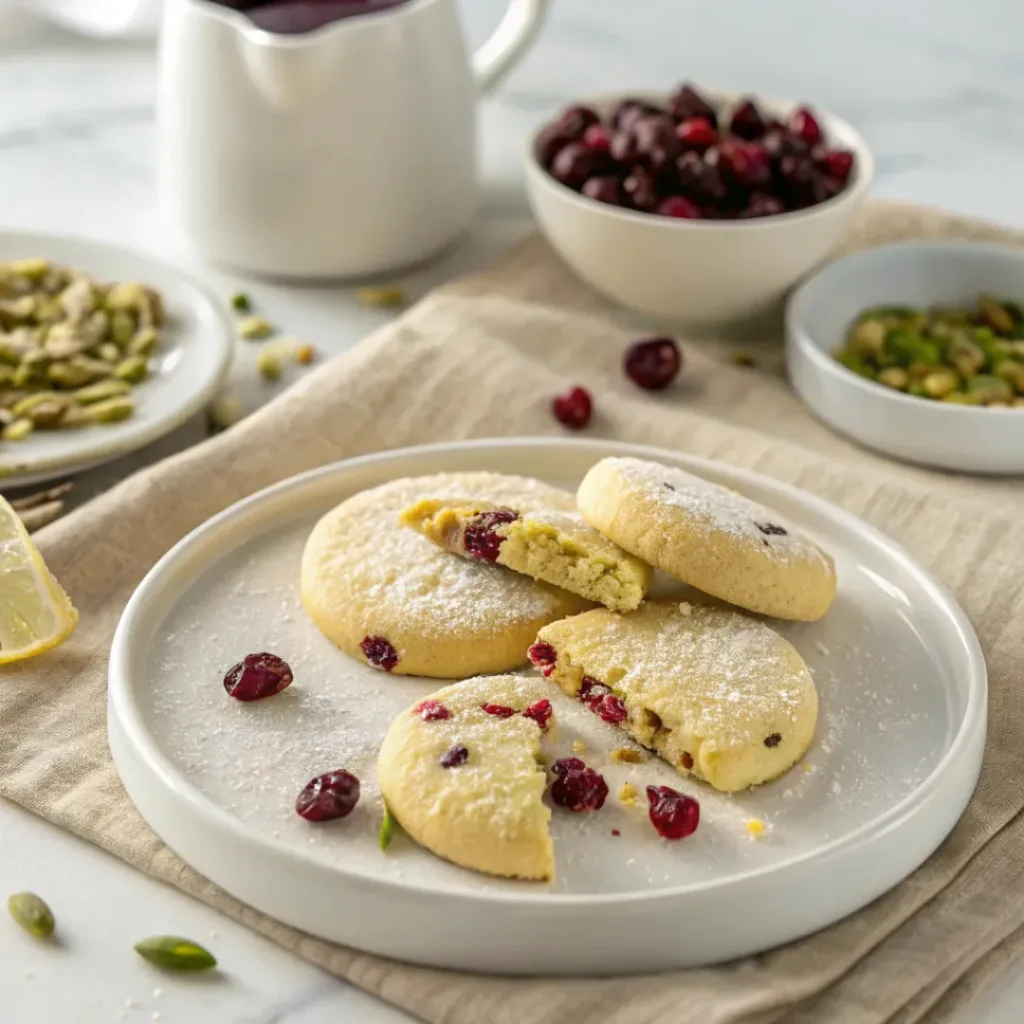 Cranberry Pistachio Shortbread - Slice and Bake Holiday Cookies 8 Cranberry pistachio shortbread served with tea, powdered sugar, pistachios, and dried cranberries.