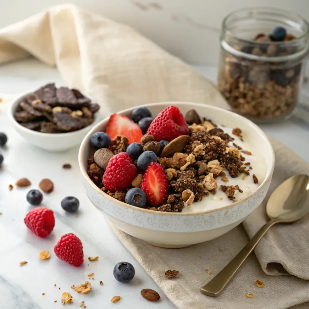Crunchy Chocolate Granola - Crispy Sweet Cluster Snack 8 Crunchy chocolate granola served over creamy yogurt with fresh berries and chocolate chips.