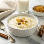 Creamy homemade rice pudding with cinnamon, vanilla, and raisins served warm in a white bowl.