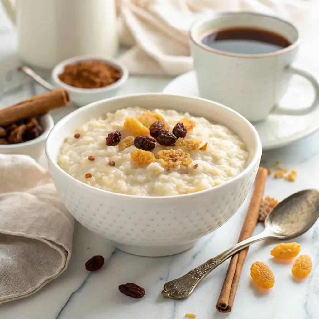 Creamy rice pudding topped with cinnamon and raisins served with a warm cup of coffee.