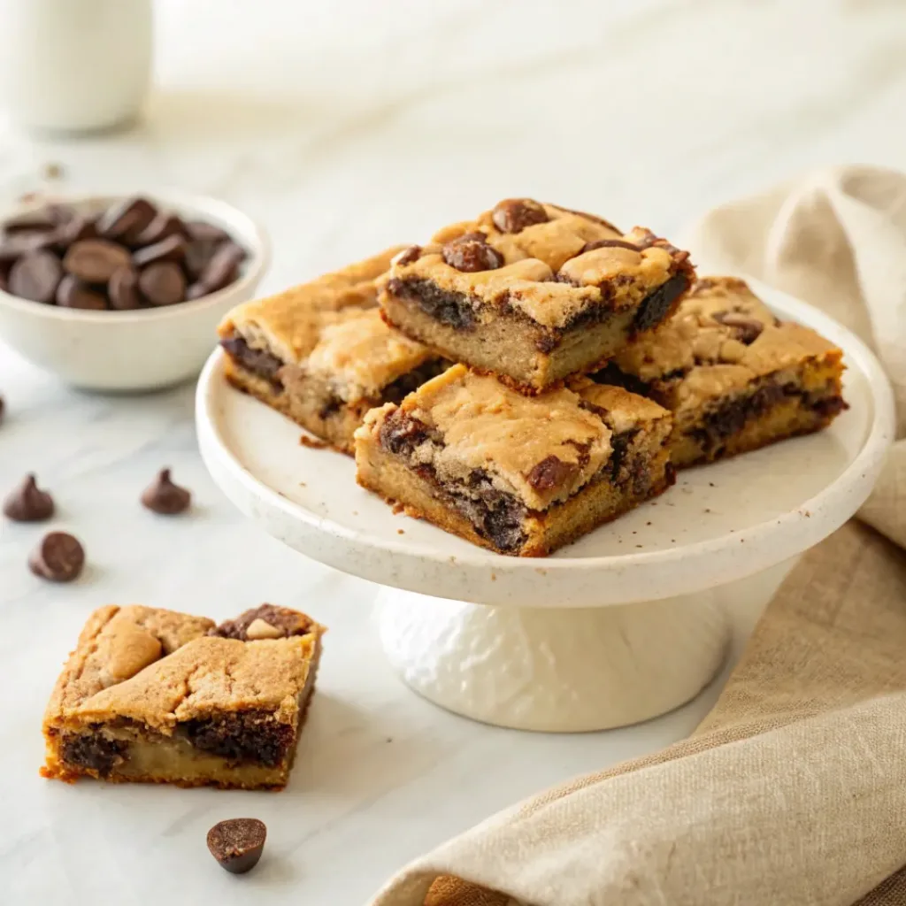 Homemade brownie blondies with a golden top, chewy center, and rich chocolate flavor, sliced and served on a white dessert plate.