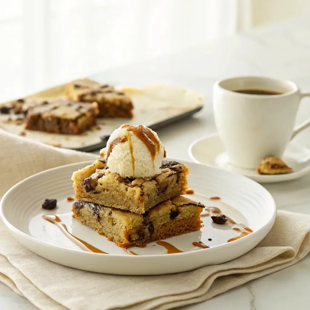 Chewy Homemade Blondie Brownies - Rich Butterscotch Bakery Bars 4 Warm brownie blondies served with vanilla ice cream, chocolate drizzle, and chocolate pieces for an easy dessert.