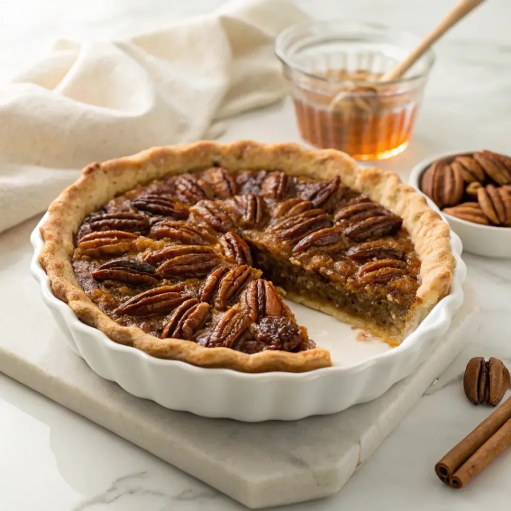 Home 6 Homemade honey pecan pie with toasted pecans, rich honey filling, and a flaky golden crust.