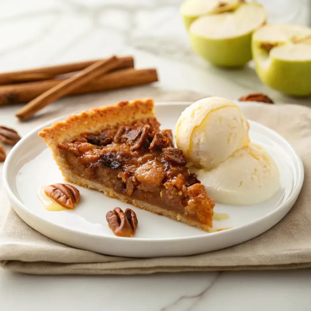 Honey pecan pie served with vanilla ice cream, toasted pecans, honey, and cinnamon.