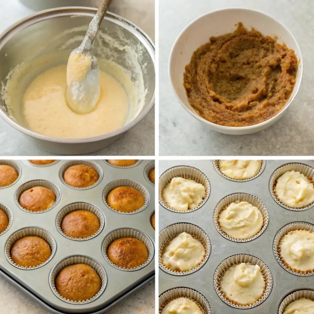 Step-by-step collage showing apple cider cupcake batter, baking, cinnamon buttercream, caramel drizzle, and serving.