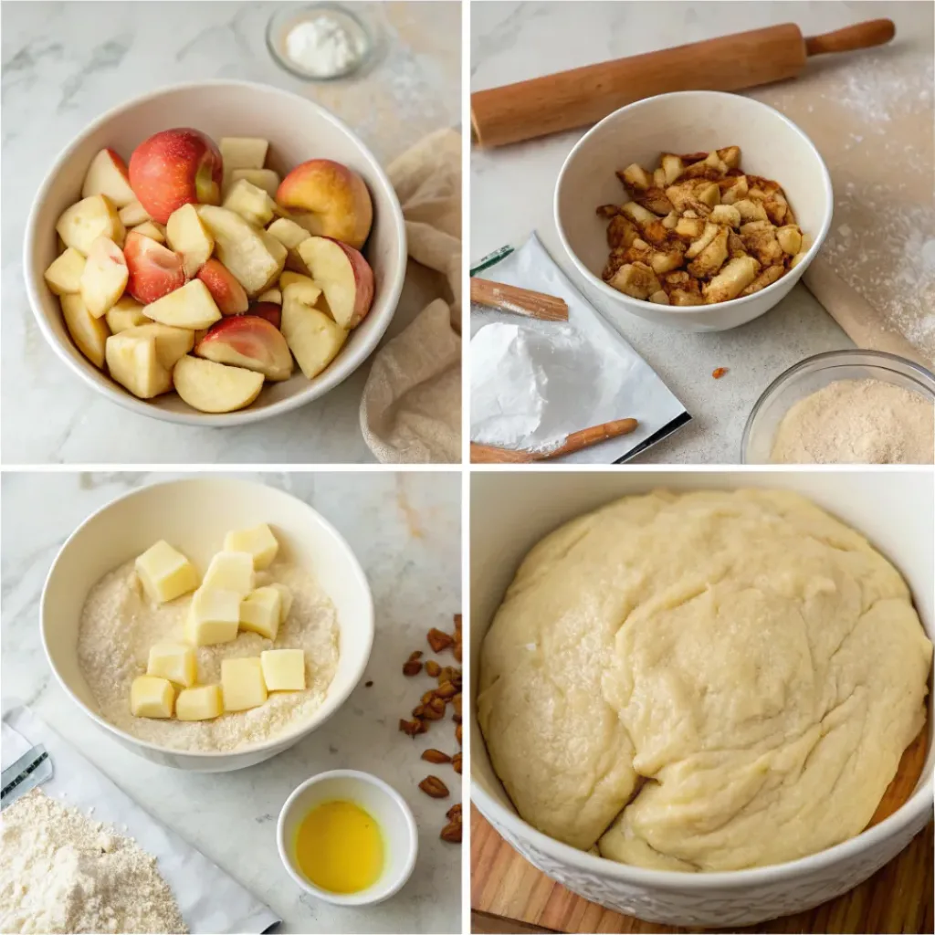 Apple Cinnamon Babka - Fluffy Twisted Bakery Bread 7 Step-by-step collage showing making yeast dough, preparing apple filling, rolling, twisting, braiding, and baking babka.