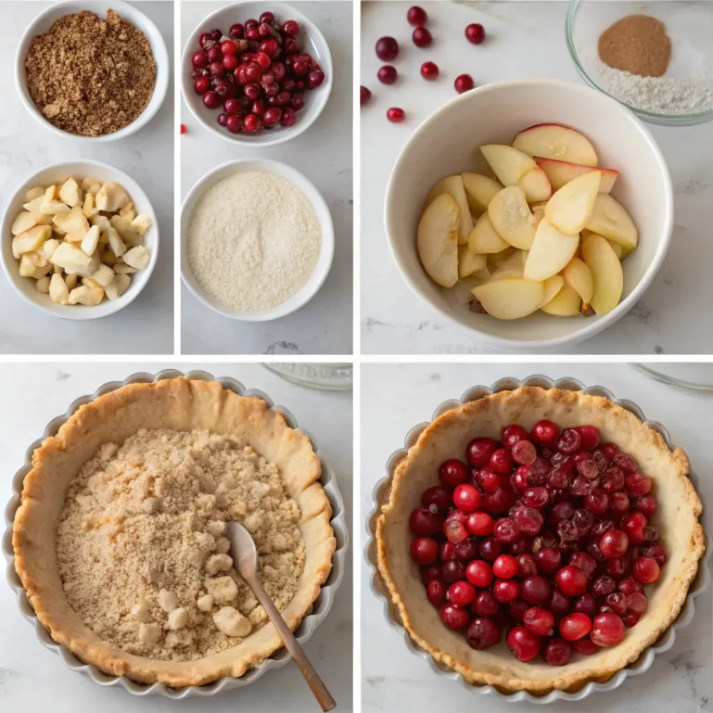 Step-by-step collage showing apple cranberry filling, crumble topping, pie assembly, baking, and slicing.