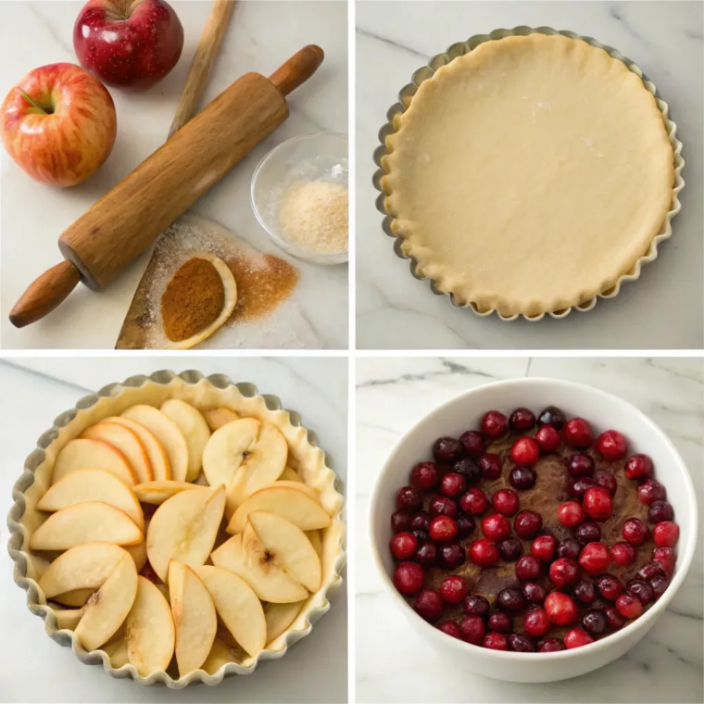 Step-by-step collage showing apple cranberry filling, lattice crust, baking, cooling, and slicing the finished pie.
