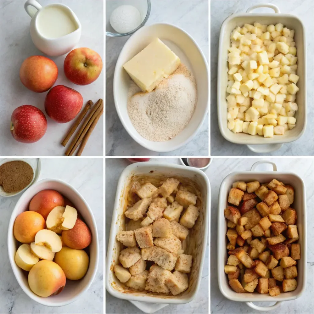 Step-by-step collage showing preparing apples, making custard, layering bread, assembling casserole, baking, and serving.