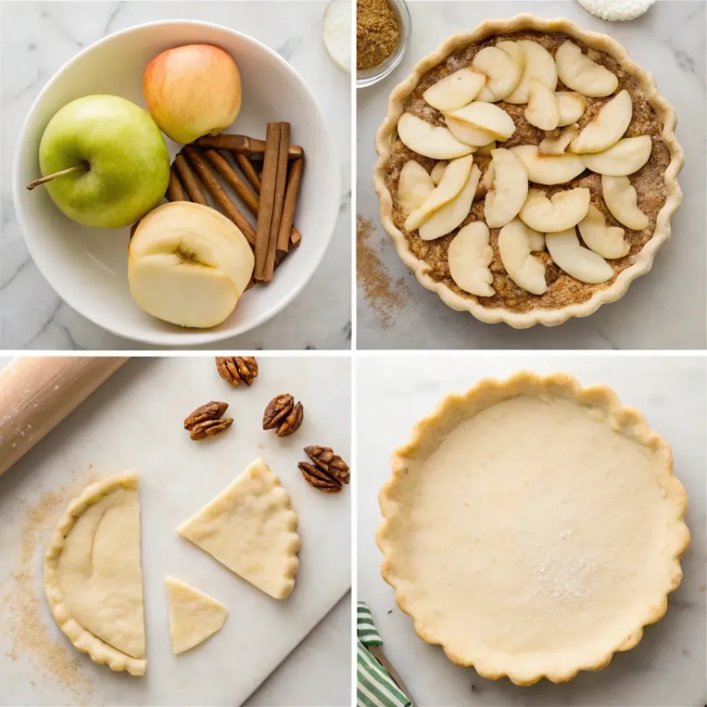 Apples, pecans, flour, butter, brown sugar, cinnamon, eggs, vanilla, and pie dough arranged for apple pecan pie.