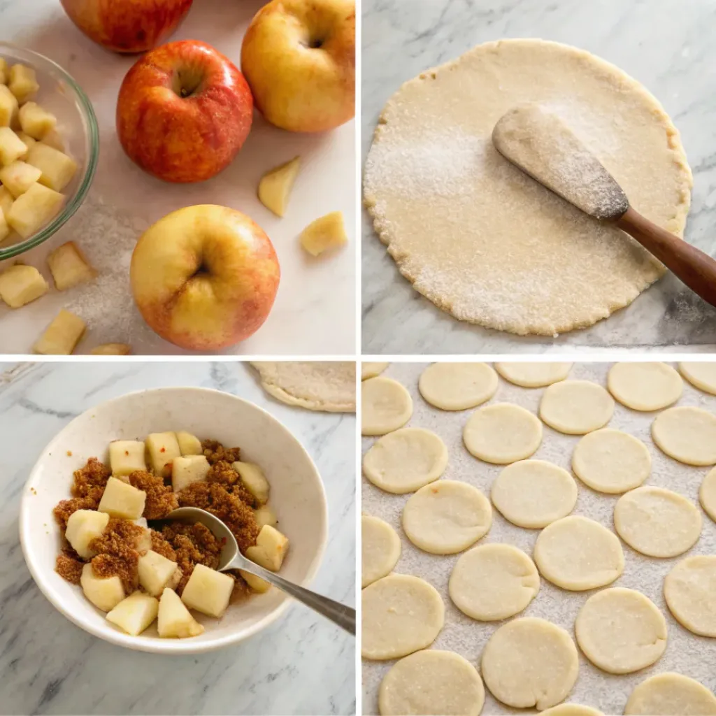 Apple Pie Cookies - Soft Spiced Caramel Bakery Thumbprint Treats 7 Step-by-step collage showing apple filling, pastry dough, assembling cookies, baking, and serving apple pie cookies.