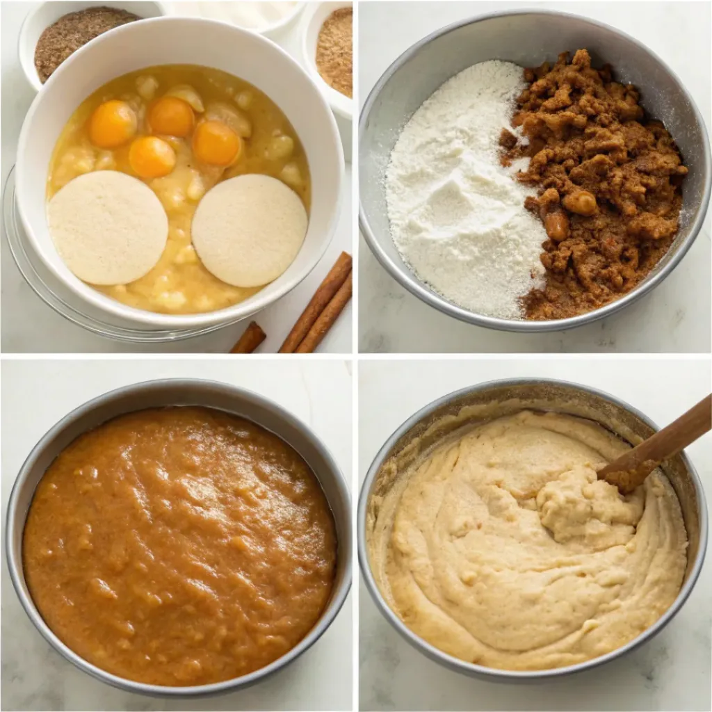 Step-by-step collage showing applesauce cake batter, baking, caramel glaze, and slicing the finished cake.