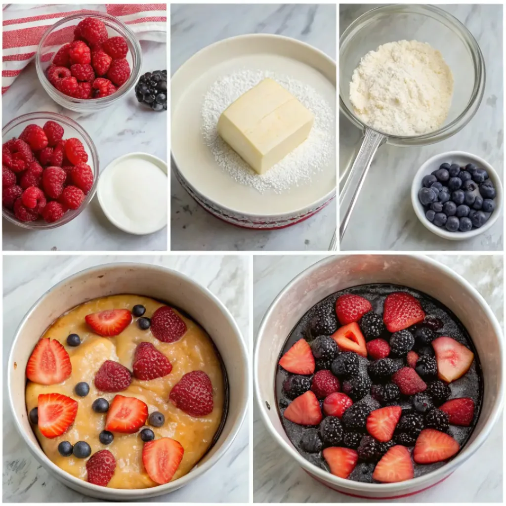 Berry Upside Down Cake - Moist Fruit Dessert 7 Step-by-step collage showing berry topping, cake batter, layering, baking, flipping, and slicing the cake.