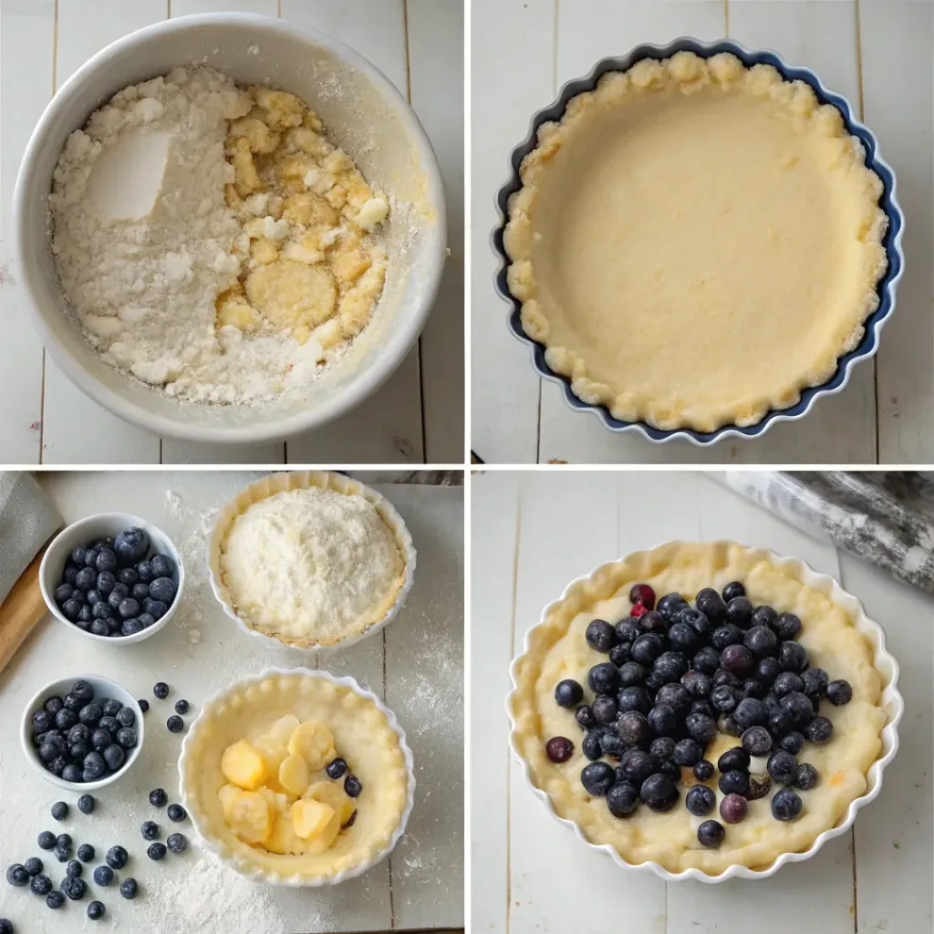 Step-by-step collage showing pie crust, blueberry filling, crumble topping, baking, and serving the finished pie.