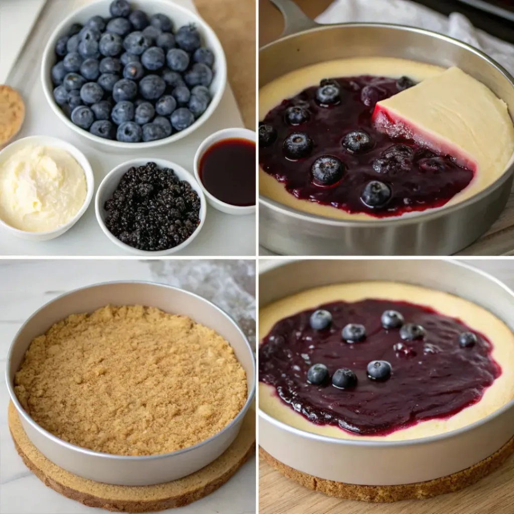 Blueberry Swirl Cheesecake - Silky Rich Bakery Dessert 7 Step-by-step collage showing blueberry sauce, graham cracker crust, cheesecake filling, swirling, baking, and slicing.