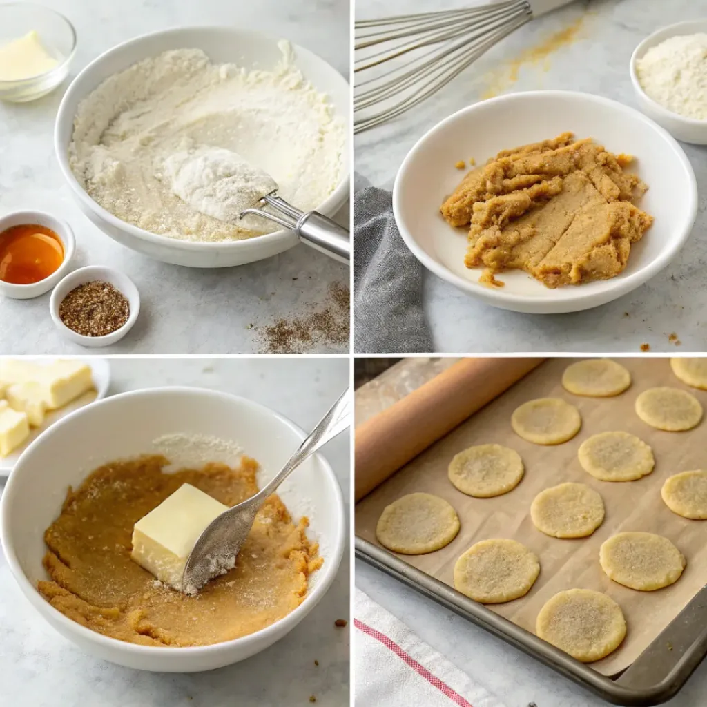 Step-by-step collage showing brown sugar shortbread dough, shaping, chilling, baking, and cooling the cookies.
