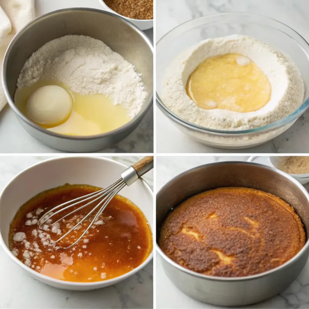 Step-by-step collage showing burnt sugar syrup, cake batter, baking, caramel frosting, layering, and decorating.