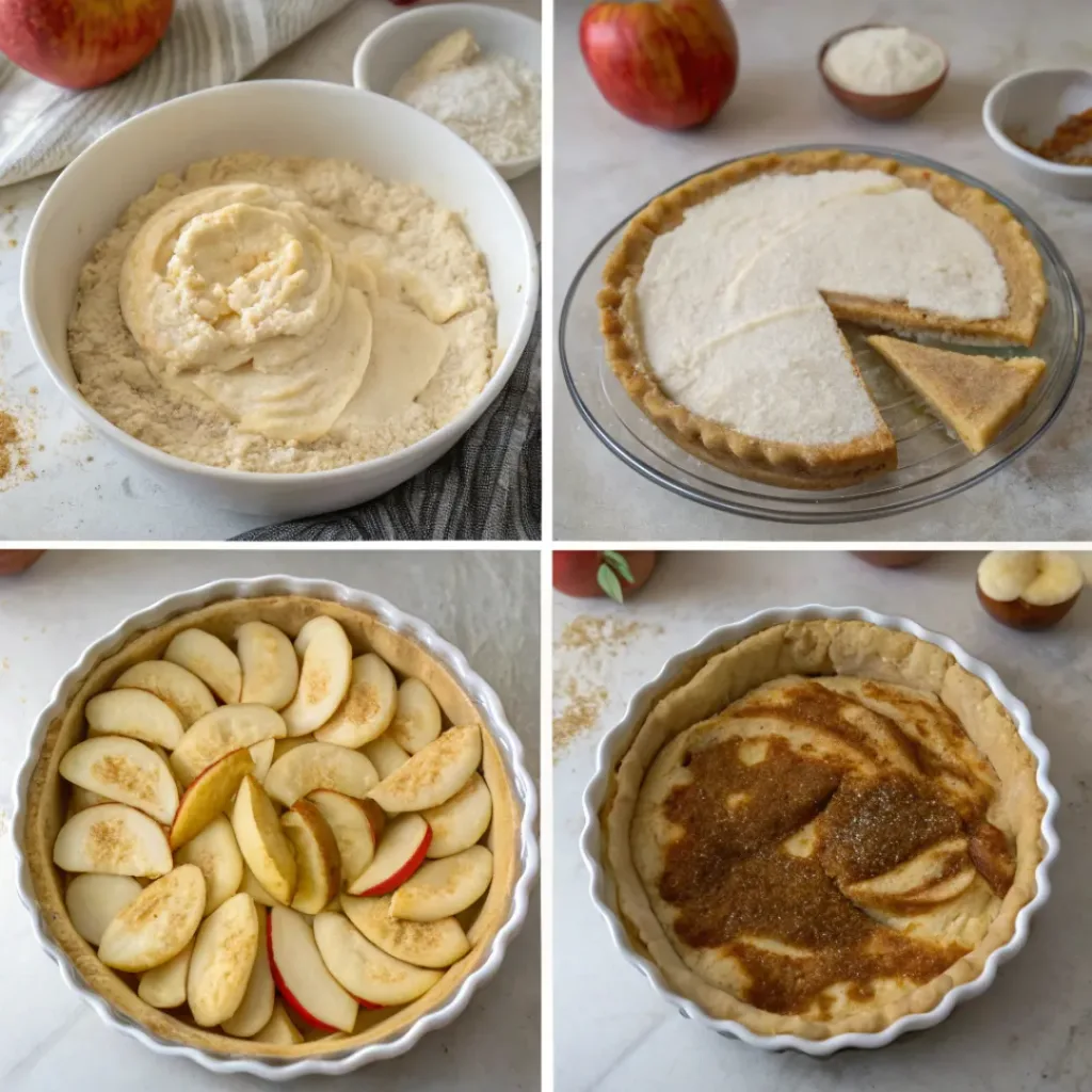 Step-by-step collage showing pie crust, cheesecake filling, cinnamon apples, streusel topping, baking, and caramel drizzle.