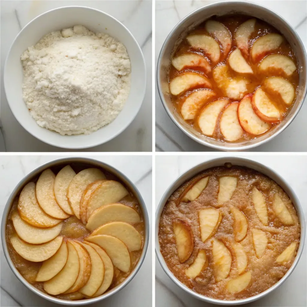 Caramel Apple Upside Down Cake - Moist Spiced Bakery Fall Centerpiece 7 Step-by-step collage showing caramel apples, cake batter, layering, baking, flipping, and slicing the cake.