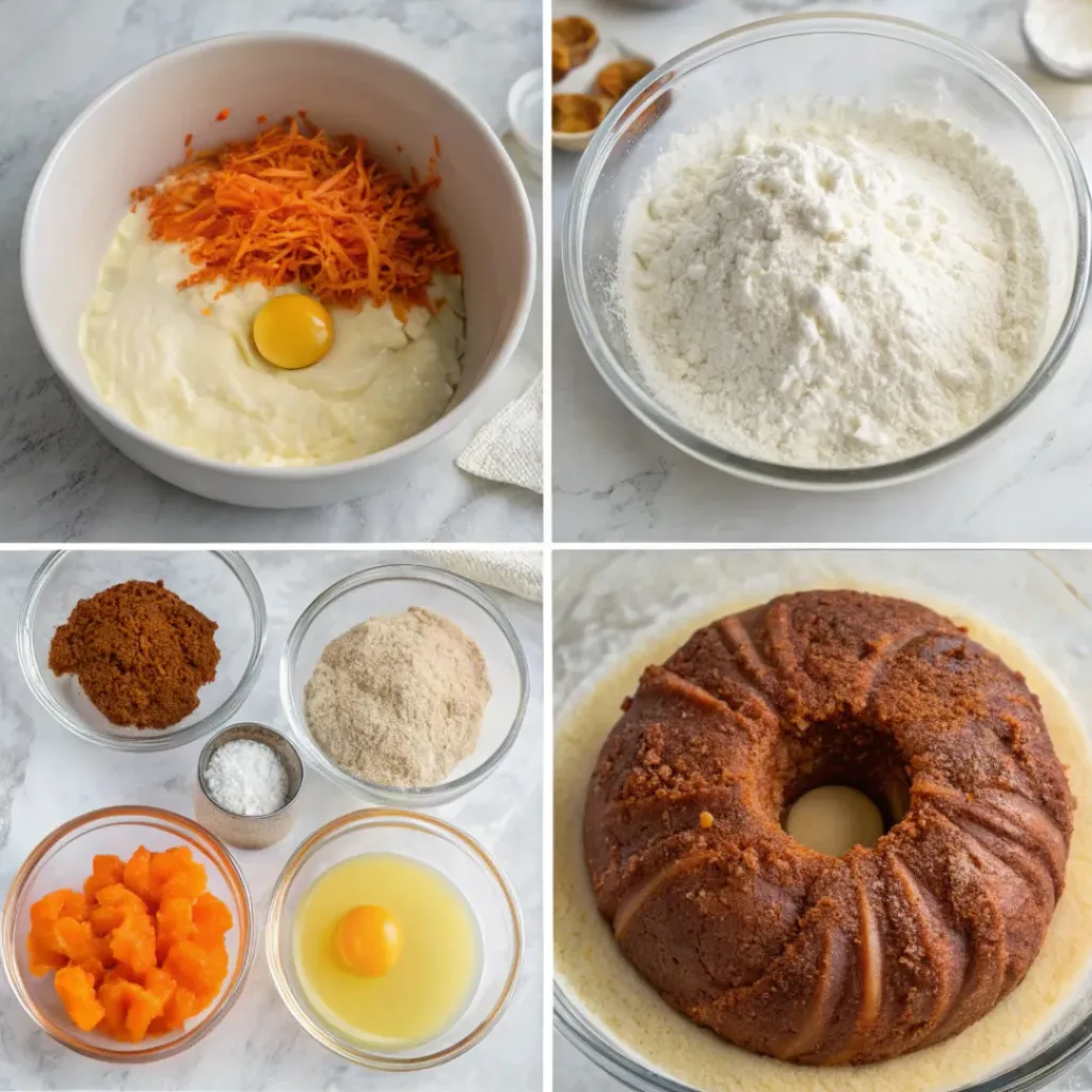 Cheesecake Swirl Carrot Bundt Cake - Moist Spiced Bakery Cake 7 Step-by-step collage showing carrot cake batter, cheesecake filling, layering, baking, glazing, and slicing.