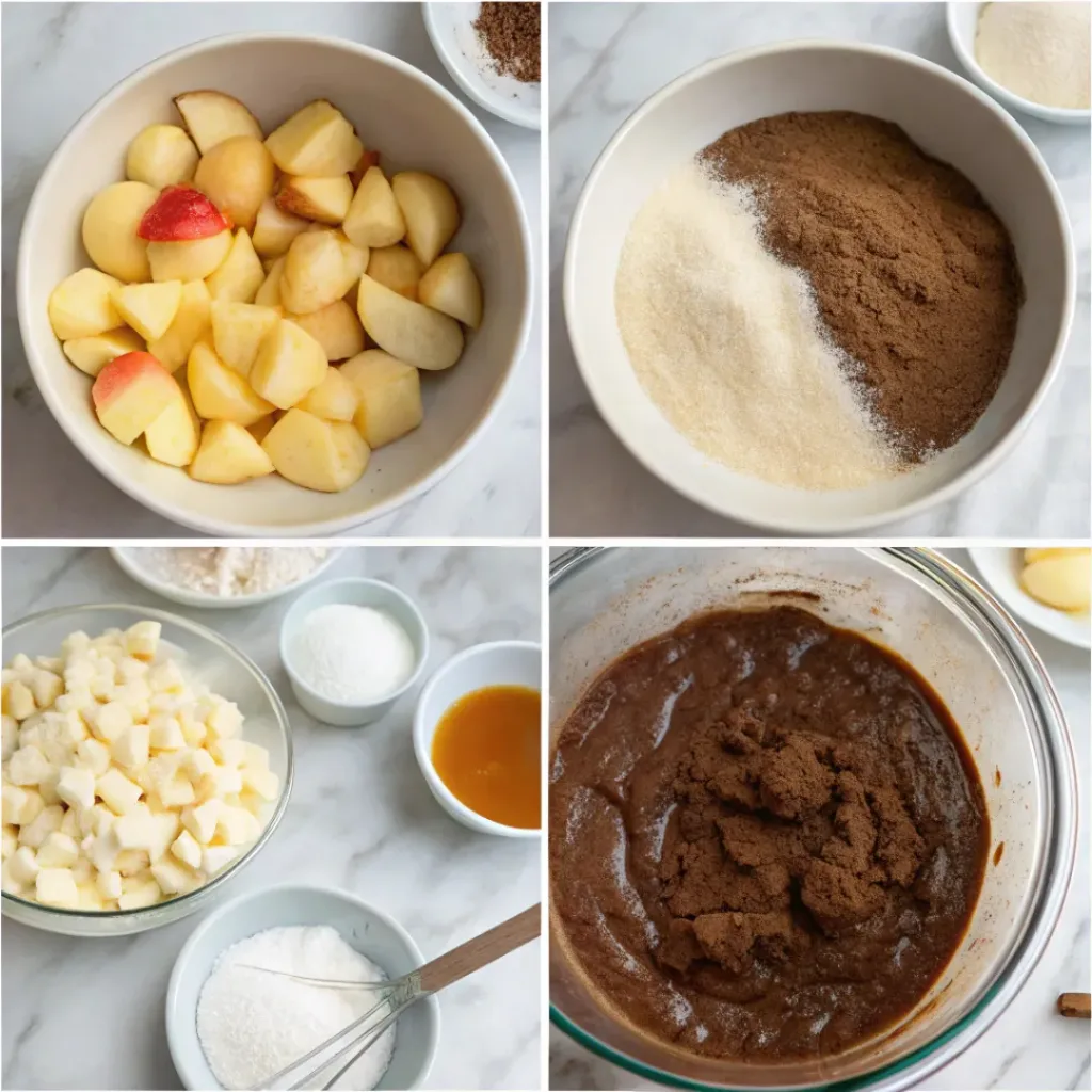 Chocolate Apple Cake - Moist Spiced Bakery Autumn Snack Cake 7 Step-by-step collage showing chocolate cake batter, apples, baking, chocolate glaze, and slicing the finished cake.