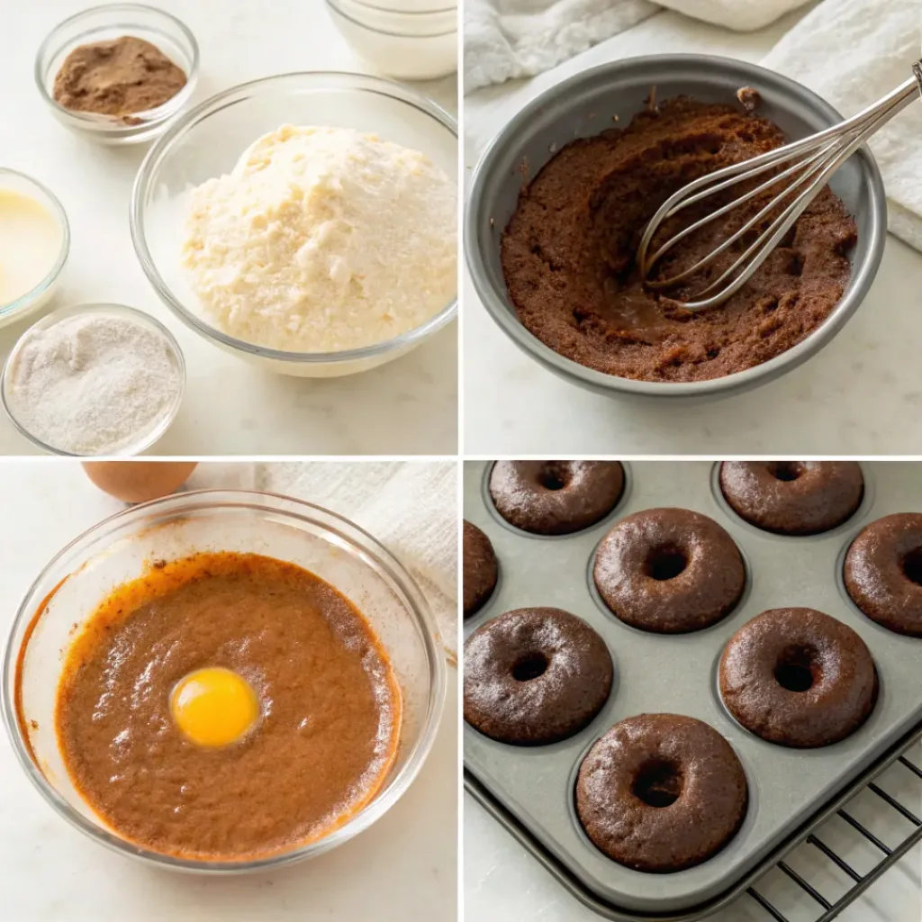 Chocolate Frosted Baked Donuts - Soft Cake Bakery Style Treats 7 Step-by-step collage showing chocolate donut batter, filling the pan, baking, frosting, decorating, and serving.