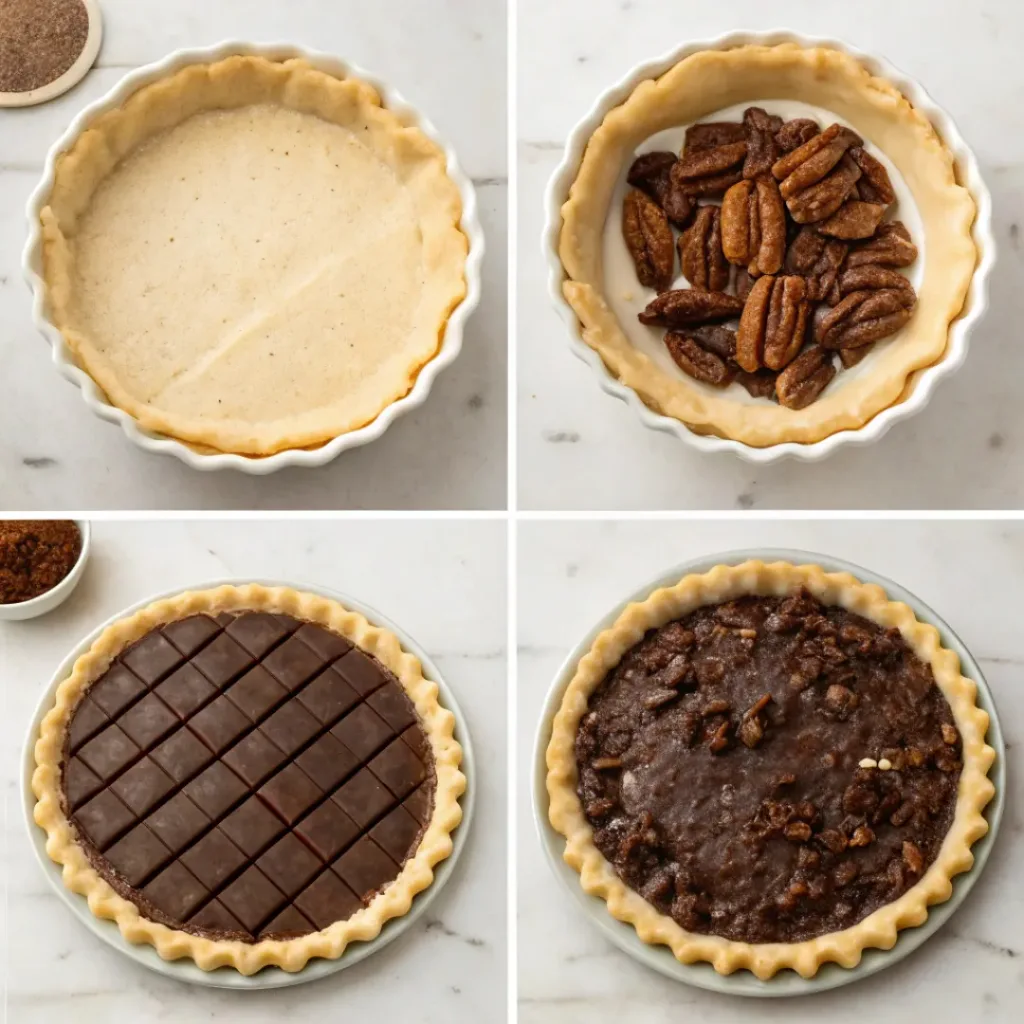 Chocolate Pecan Pie - Rich Fudgy Holiday Bakery Dessert 7 Step-by-step collage showing chocolate filling, pie crust, pecans, baking, and slicing homemade chocolate pecan pie.