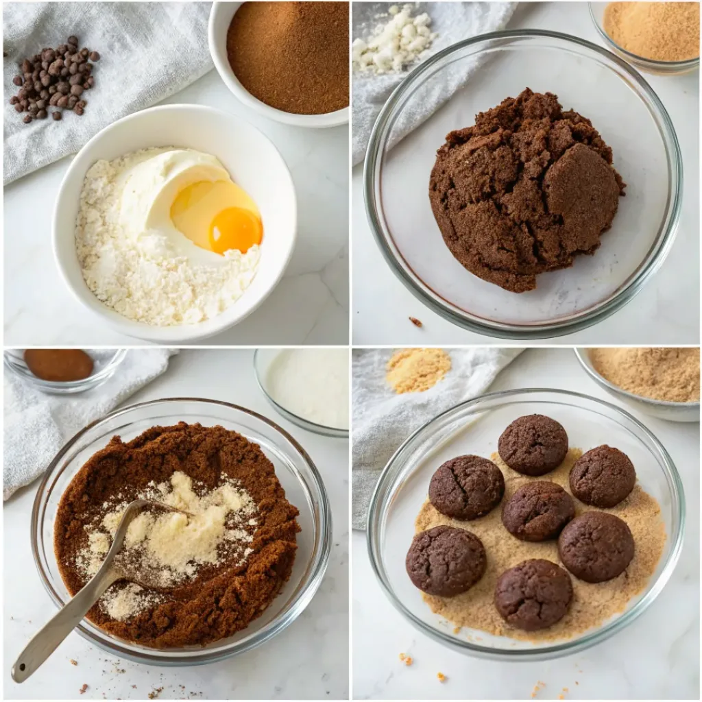Chocolate Snickerdoodles - Soft Chewy Cinnamon Spiced Cocoa Cookies 7 Step-by-step collage showing chocolate cookie dough, cinnamon sugar coating, shaping, baking, and serving.