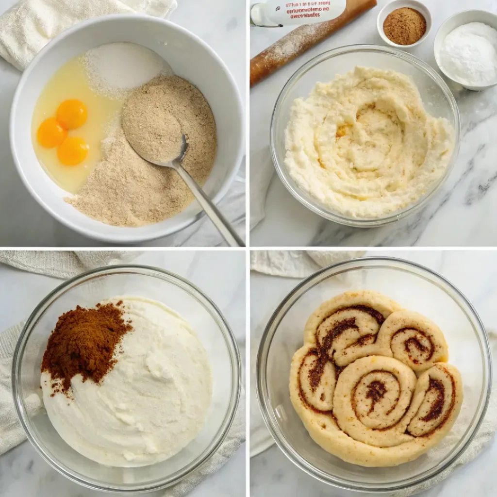 Step-by-step collage showing cinnamon cake batter, brown sugar filling, swirling the batter, baking, glazing, and slicing.