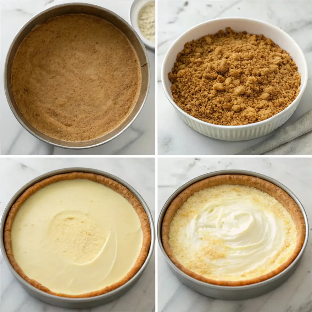 Cinnamon Swirl Cheesecake - Ultra-Creamy Bakery Holiday Dessert 7 Step-by-step collage showing the graham cracker crust, cheesecake filling, cinnamon swirl, baking, cooling, and slicing.