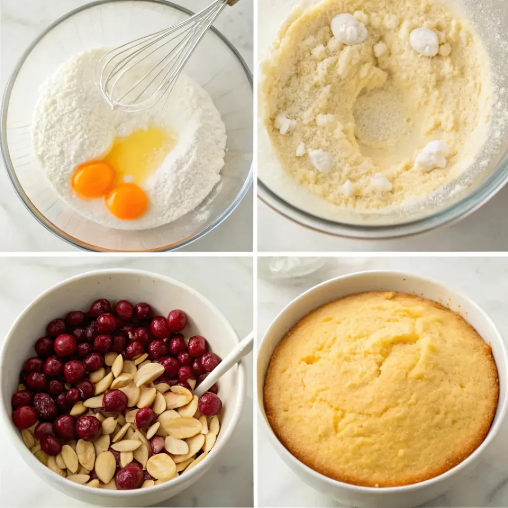 Cranberry Almond Cake - Moist Sweet Tart Bakery Dessert 7 Step-by-step collage showing cranberry almond cake batter, adding cranberries and almonds, baking, and slicing the cake.
