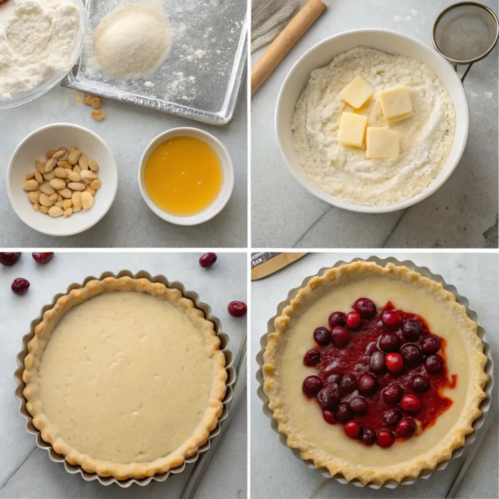 Step-by-step collage showing tart crust, almond frangipane, cranberries, baking, and slicing the finished tart.