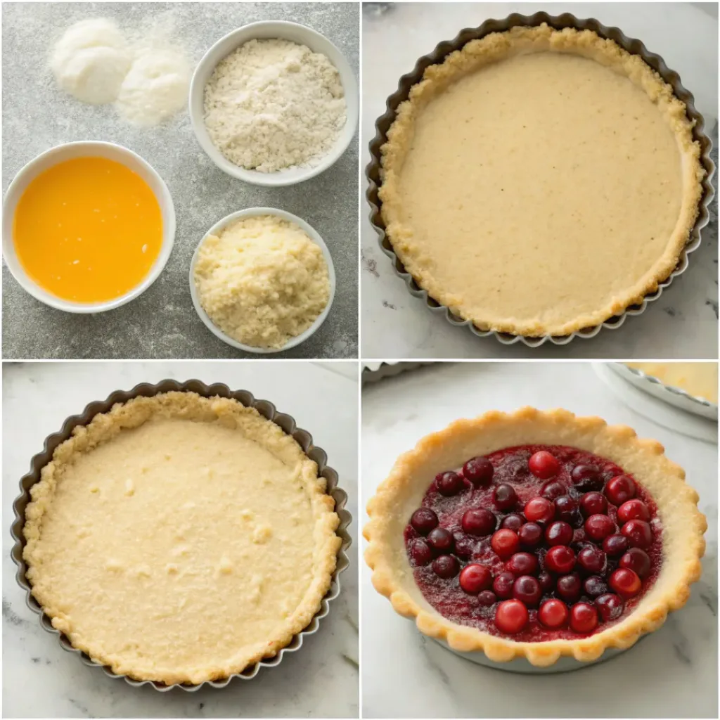Step-by-step collage showing tart dough, cranberry orange filling, baking, cooling, and slicing the finished tart.