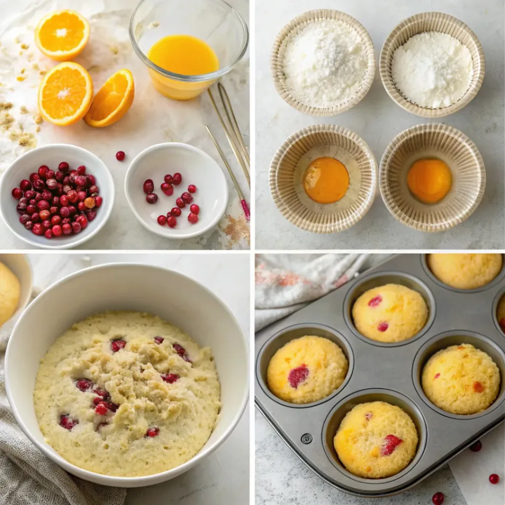 Cranberry Orange Muffins - Moist Bakery-Style Streusel Crumb Treats 7 Step-by-step collage showing orange muffin batter, cranberries, filling, baking, glazing, and serving.
