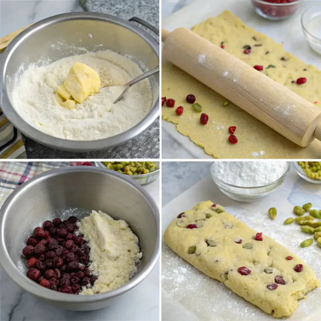Cranberry Pistachio Shortbread - Slice and Bake Holiday Cookies 7 Step-by-step collage showing shortbread dough, pistachios, cranberries, shaping, baking, and cooling.