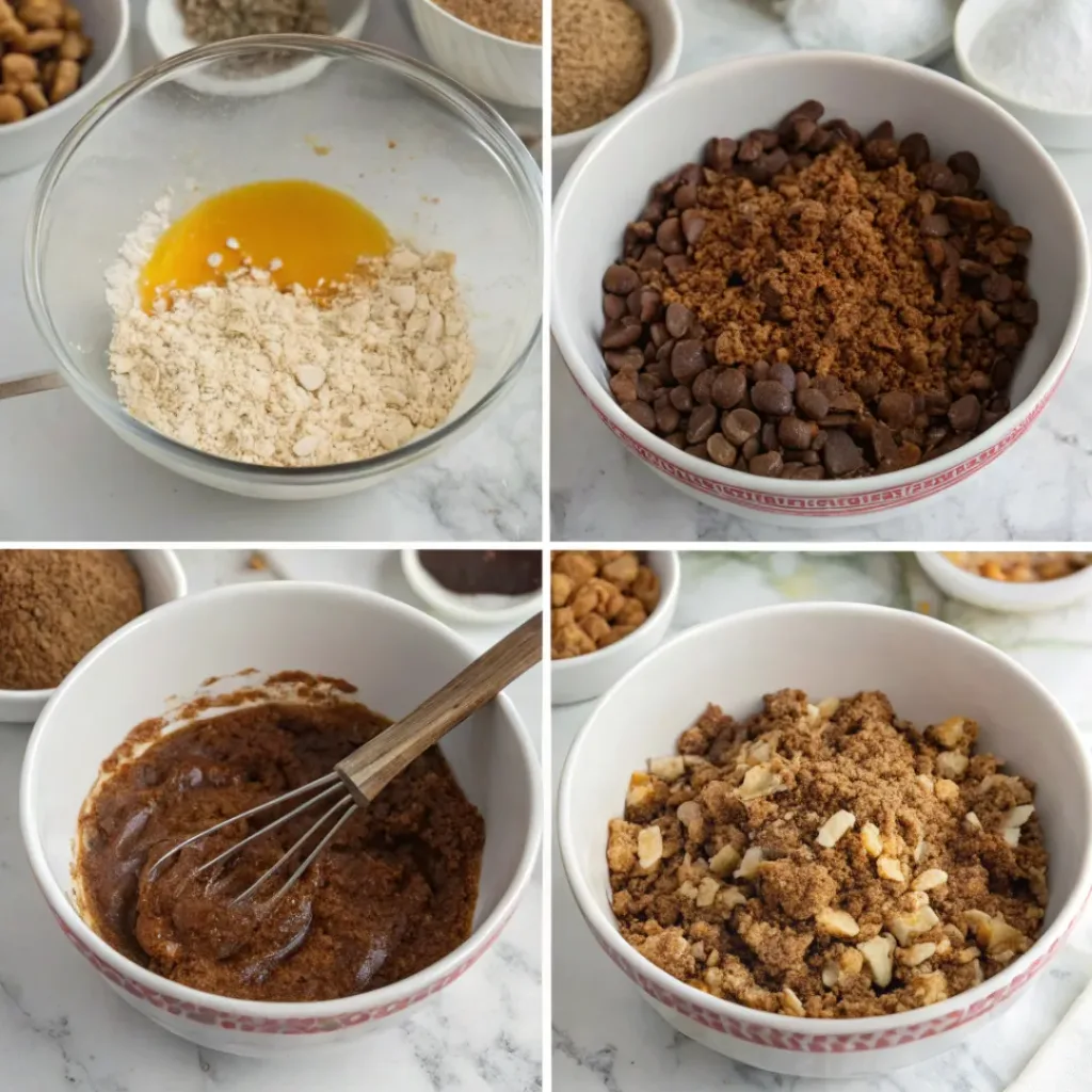 Crunchy Chocolate Granola - Crispy Sweet Cluster Snack 7 Step-by-step collage showing mixing chocolate granola, spreading oats, baking until crisp, cooling, and forming clusters.
