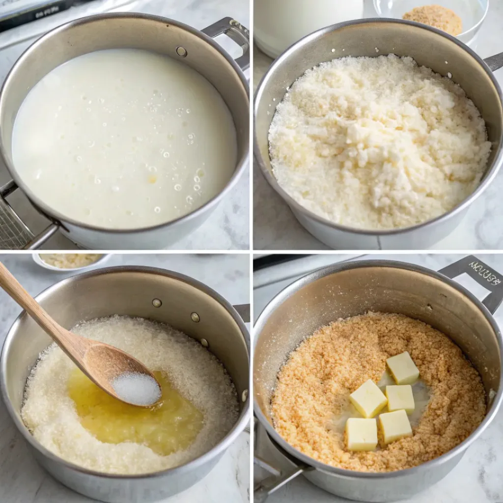 Step-by-step collage showing cooking rice, adding milk and sugar, simmering until creamy, and serving with cinnamon.