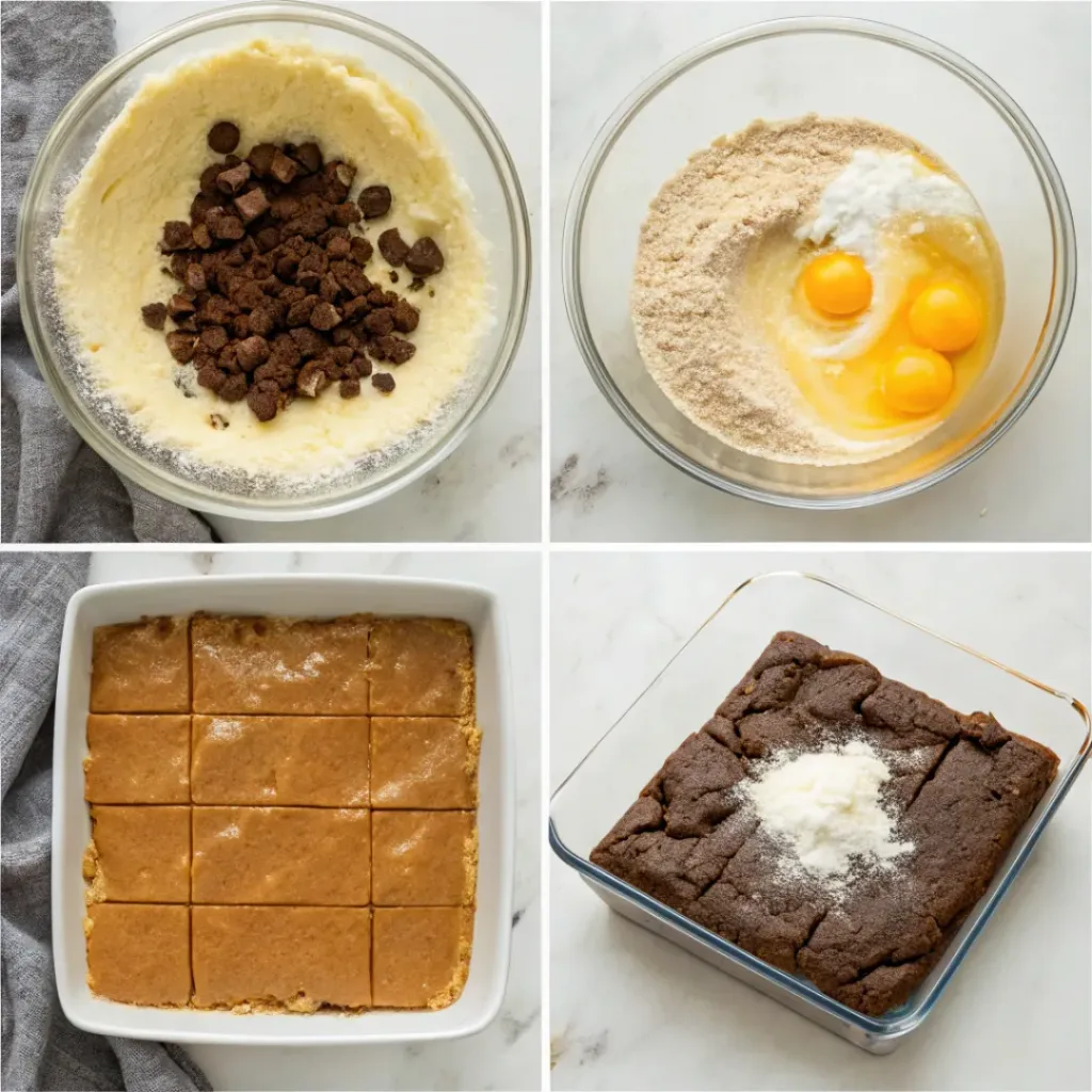 Chewy Homemade Blondie Brownies - Rich Butterscotch Bakery Bars 3 Step-by-step process showing brownie blondie batter being prepared, layered, swirled, baked, and sliced into chewy squares.