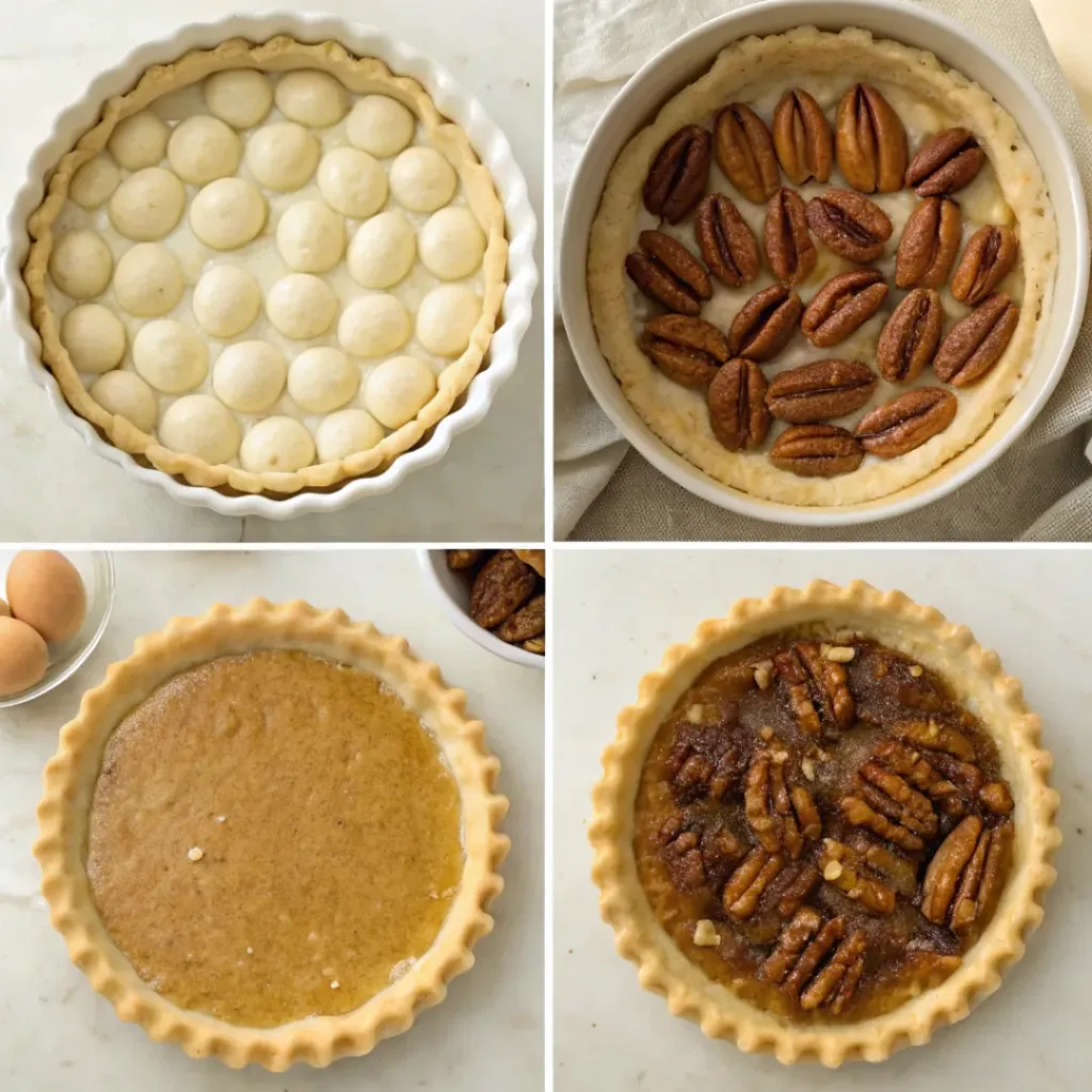 Step-by-step collage showing pie crust, honey pecan filling, baking, cooling, and slicing homemade honey pecan pie.
