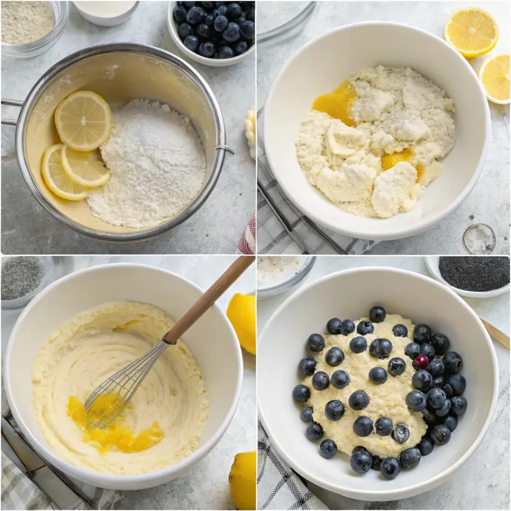 Lemon Blueberry Layer Cake - Fluffy Moist Bakery Dessert 7 Step-by-step collage showing lemon cake batter, blueberry filling, baking layers, frosting, assembly, and decoration.