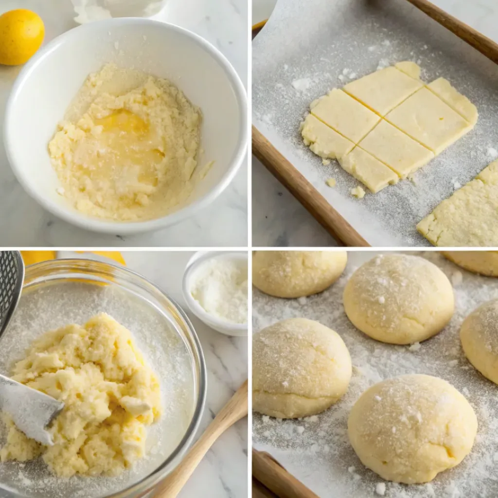Step-by-step collage showing lemon shortbread dough, shaping, chilling, baking, glazing, and cooling.