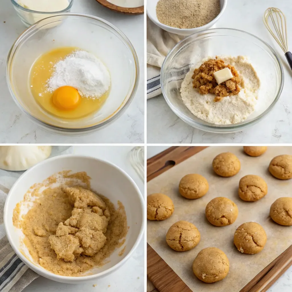 Maple Brown Sugar Cookies - Chewy Glazed Autumn Bakery Treats 7 Step-by-step collage showing mixing cookie dough, shaping cookies, baking until golden, glazing, and serving.