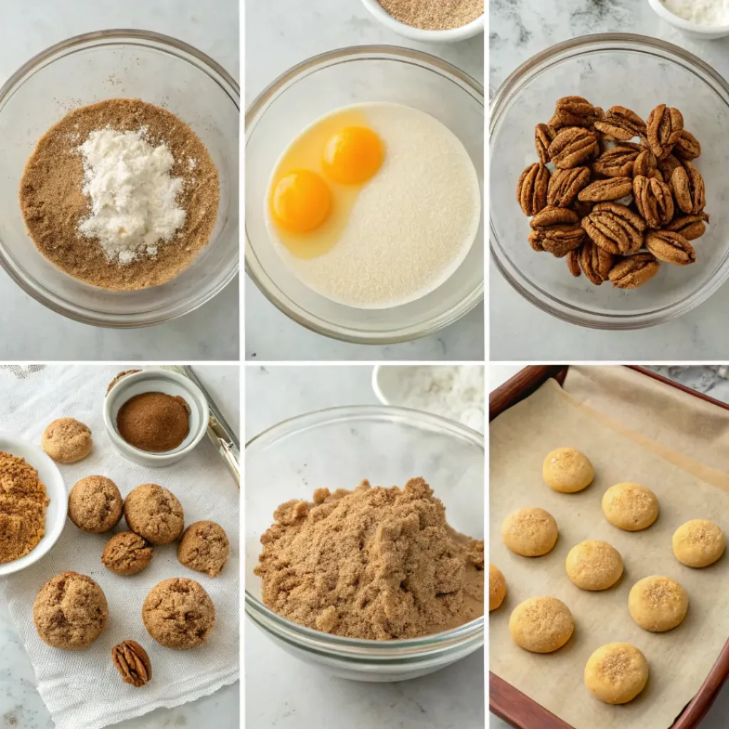 Step-by-step collage showing cookie dough, toasted pecans, cinnamon sugar, shaping, baking, and cooling maple pecan snickerdoodles.