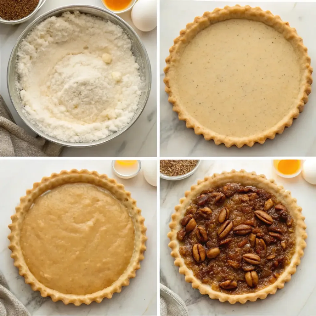 Step-by-step collage showing tart dough, maple filling, toasted pecans, baking, cooling, and slicing the finished tart.