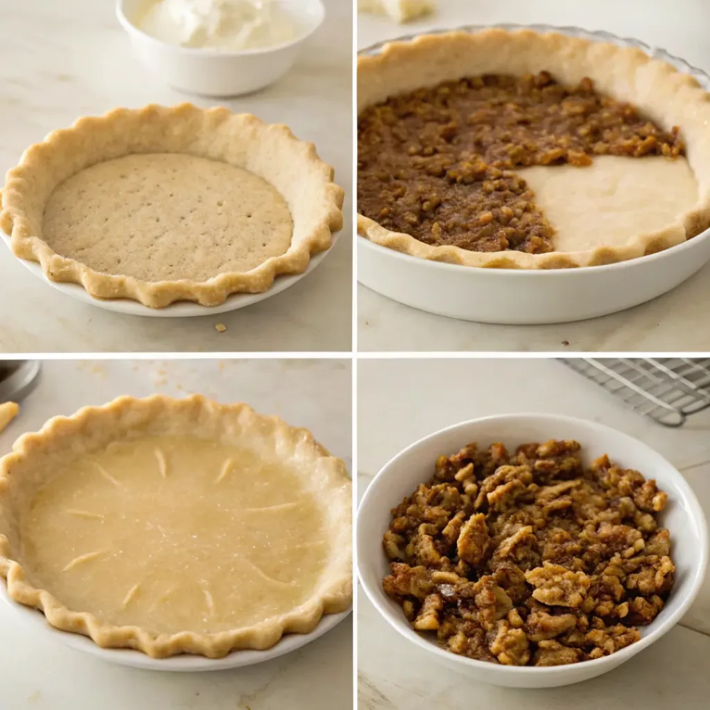 Maple Walnut Pie - Rich Buttery Holiday Bakery Dessert 7 Step-by-step collage showing making pie crust, preparing maple filling, adding walnuts, baking, and slicing the pie.